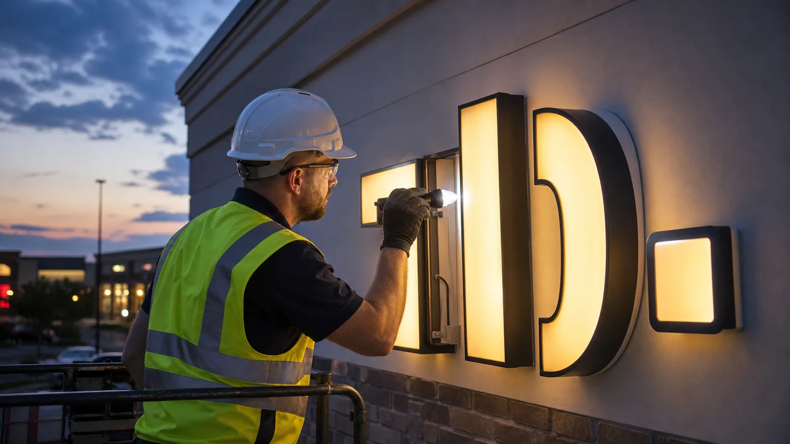 Sign technician inspecting illuminated commercial channel letters at dusk