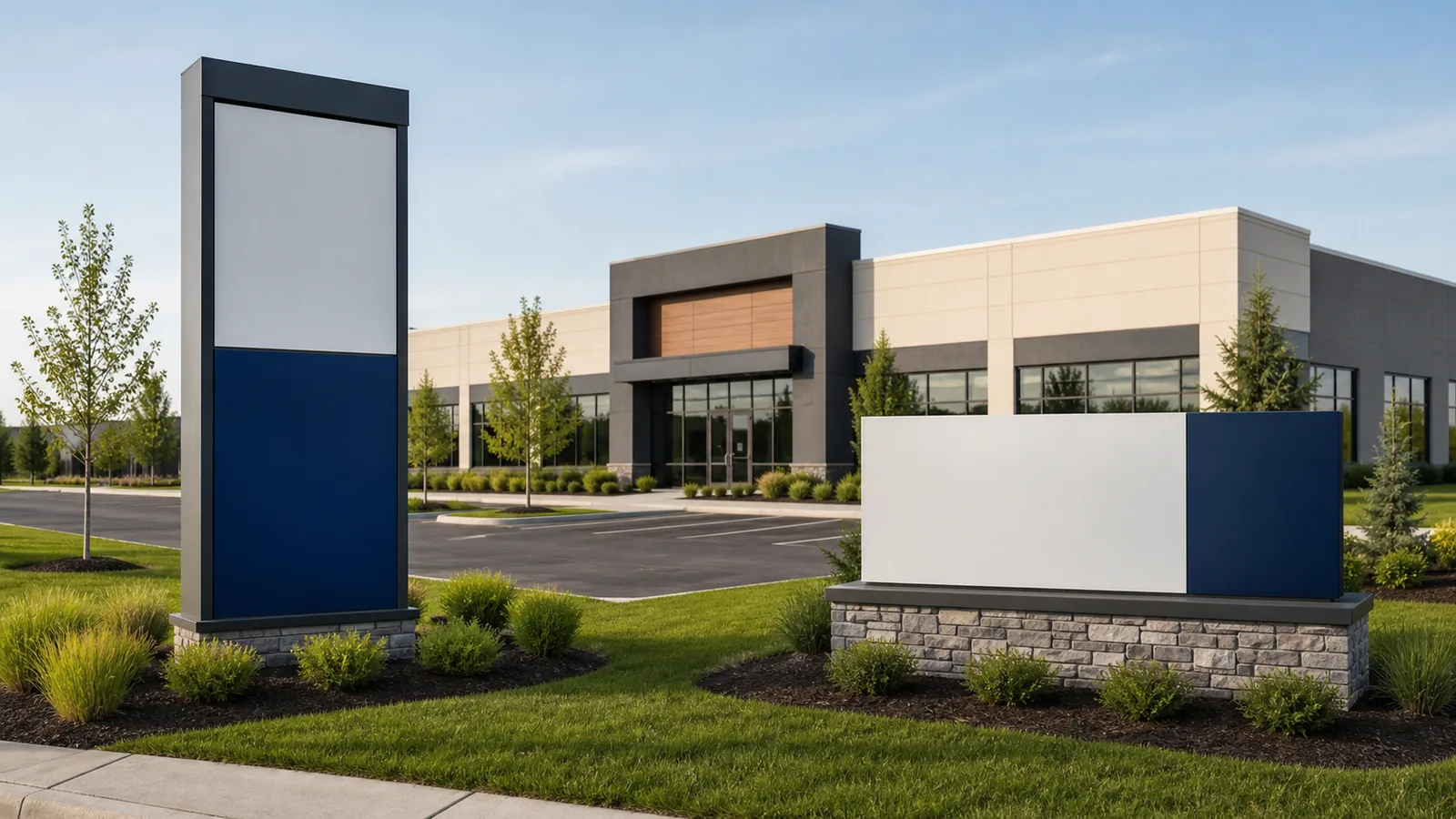 Tall pylon sign and low monument sign at a Wisconsin commercial property