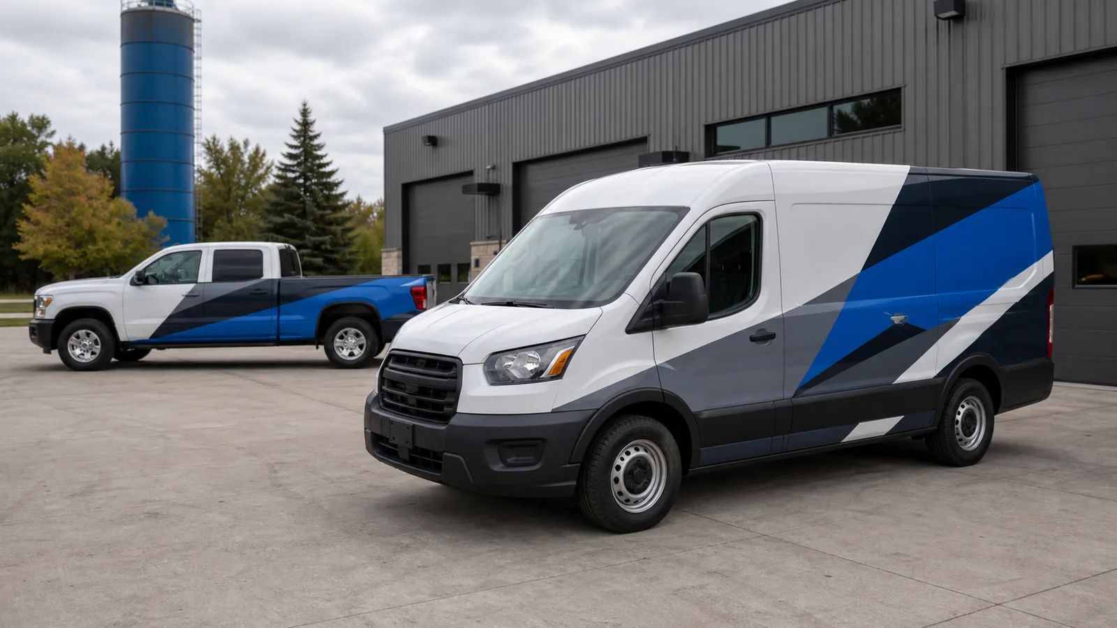 Commercial van and pickup truck with professional vinyl vehicle wraps in Wisconsin