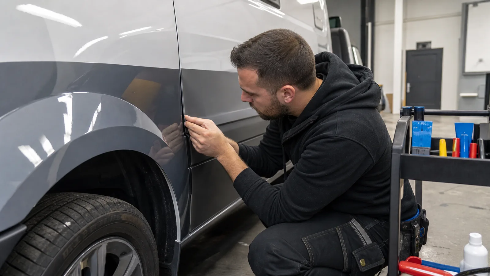 Technician inspecting a vinyl wrap seam around a commercial van wheel arch