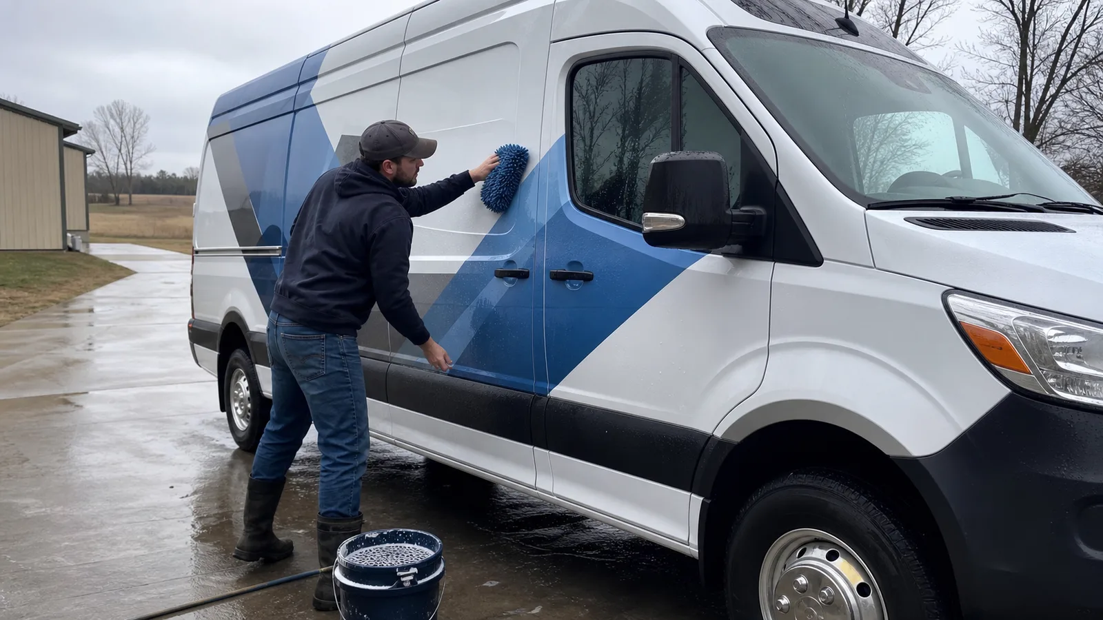 Professional hand-washing a wrapped commercial van with a microfiber mitt