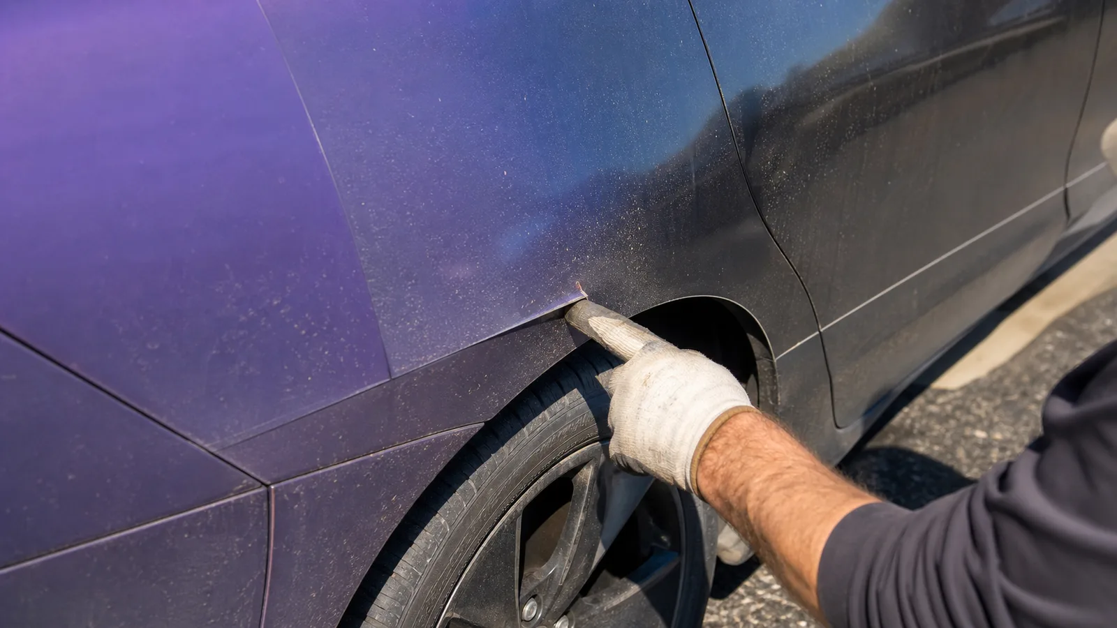Technician pointing out a lifted vinyl wrap edge near a vehicle wheel arch